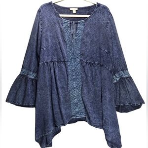 Market & Spruce Blouse Womens 2X Blue Bell Sleeve Boho Lace Top